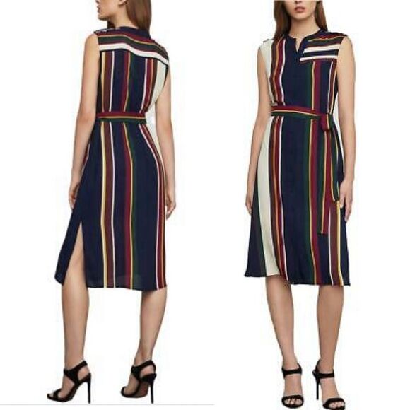 BCBGMAXAZRIA Sleeveless Striped Midi Knee Length Shirtdress Belt Navy Blue XXS - Picture 2 of 4